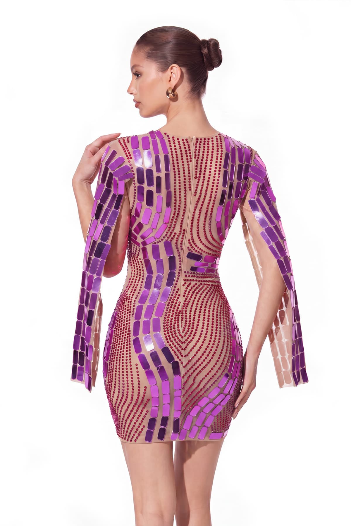Wyral Cape Sleeve Rhinestone Acrylic Mini Dress In Purple