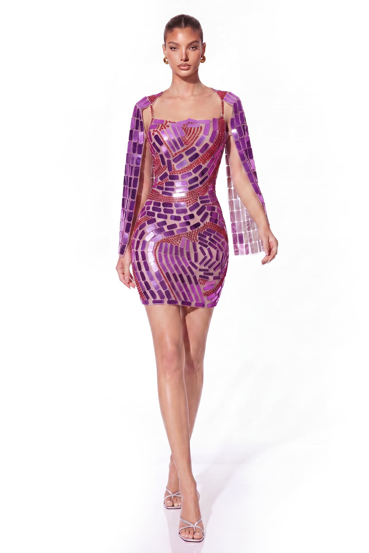 Wyral Cape Sleeve Rhinestone Acrylic Mini Dress In Purple