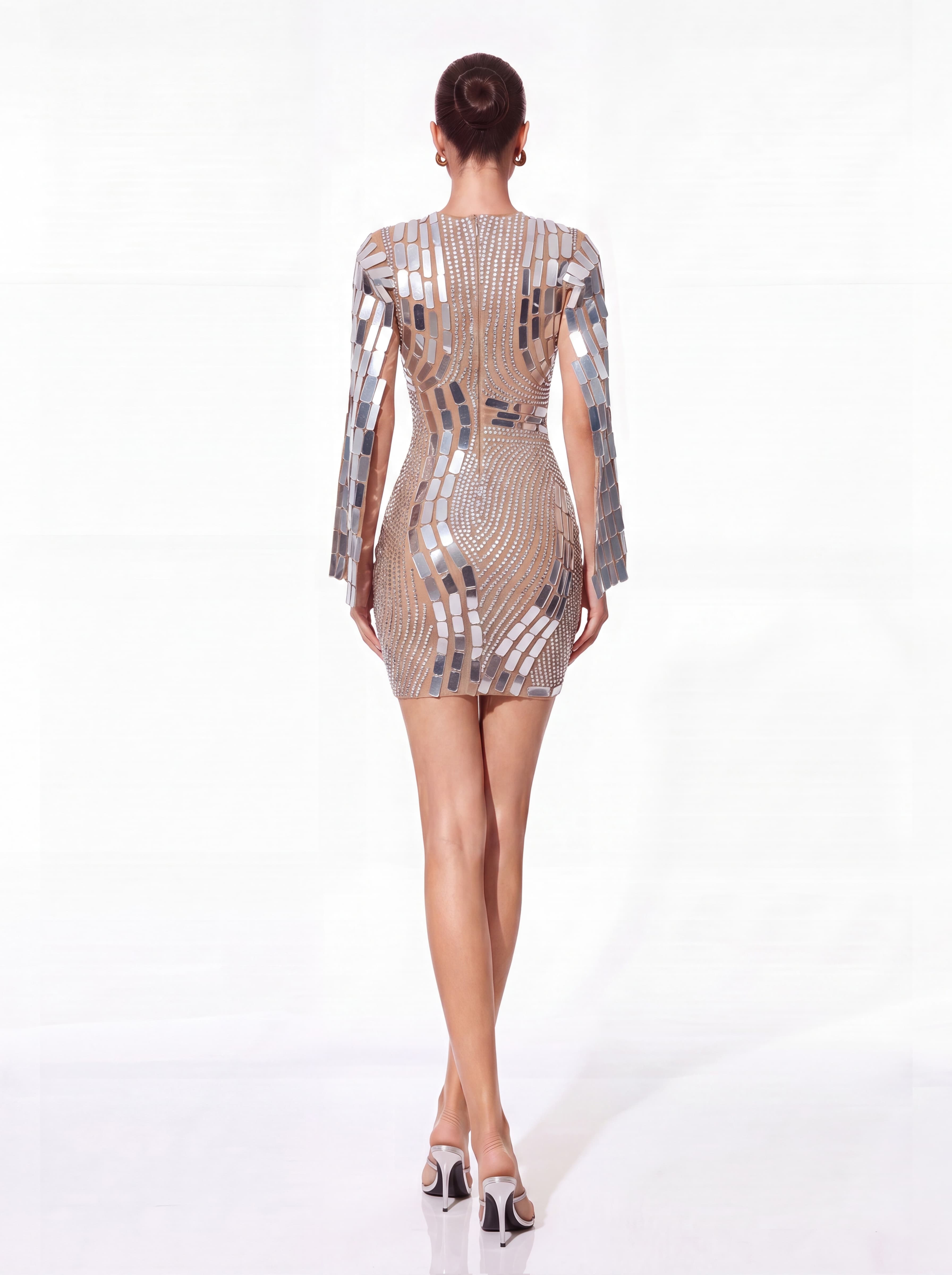 Wyral Cape Sleeve Rhinestone Acrylic Mini Dress In Silver