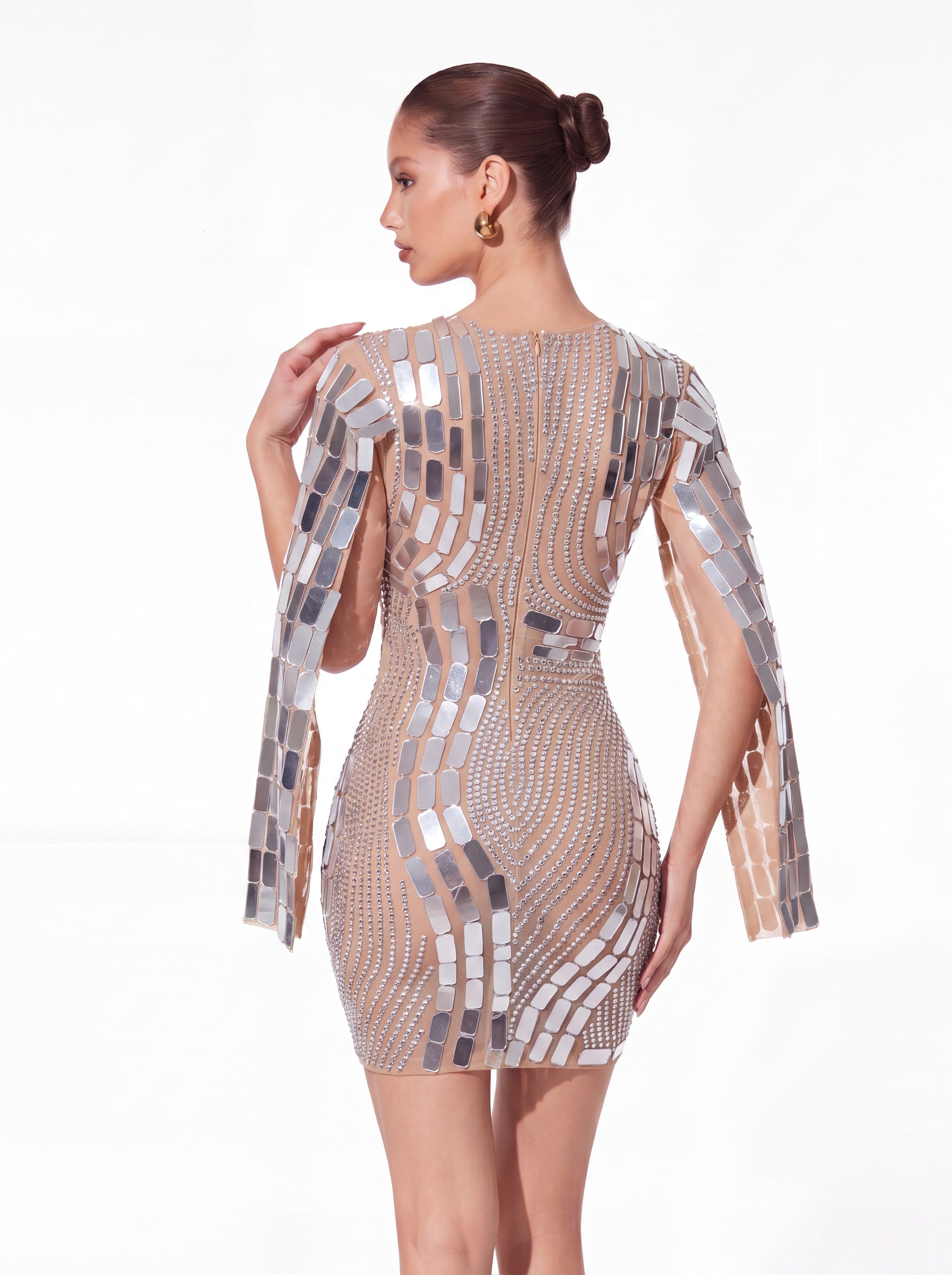Wyral Cape Sleeve Rhinestone Acrylic Mini Dress In Silver