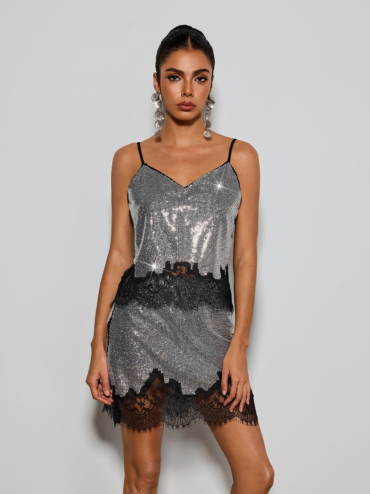 Xylvaron Spaghetti Rhinestone Lace Skirt Set