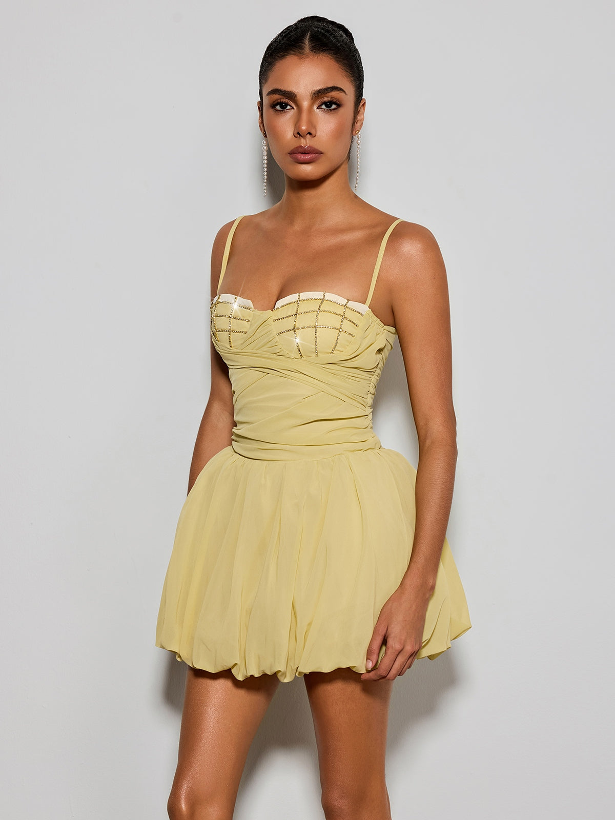 Yorandric Spaghetti Rhinestone Bubble Mini Dress