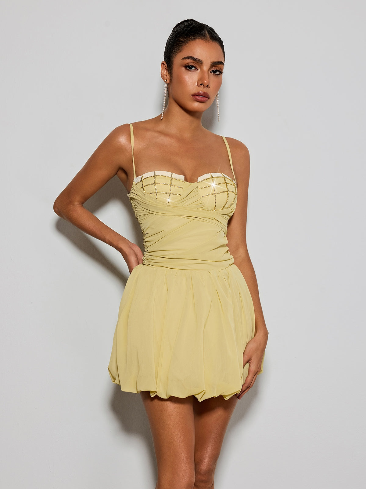 Yorandric Spaghetti Rhinestone Bubble Mini Dress
