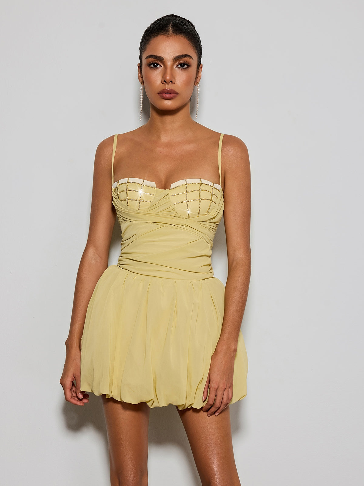 Yorandric Spaghetti Rhinestone Bubble Mini Dress