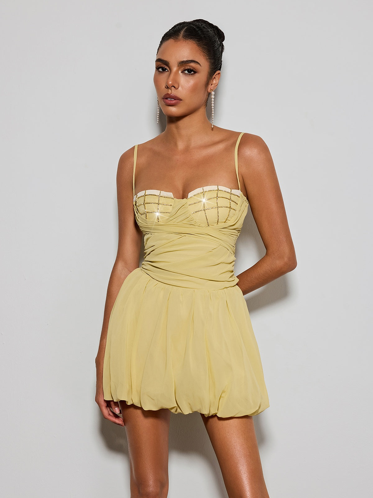 Yorandric Spaghetti Rhinestone Bubble Mini Dress