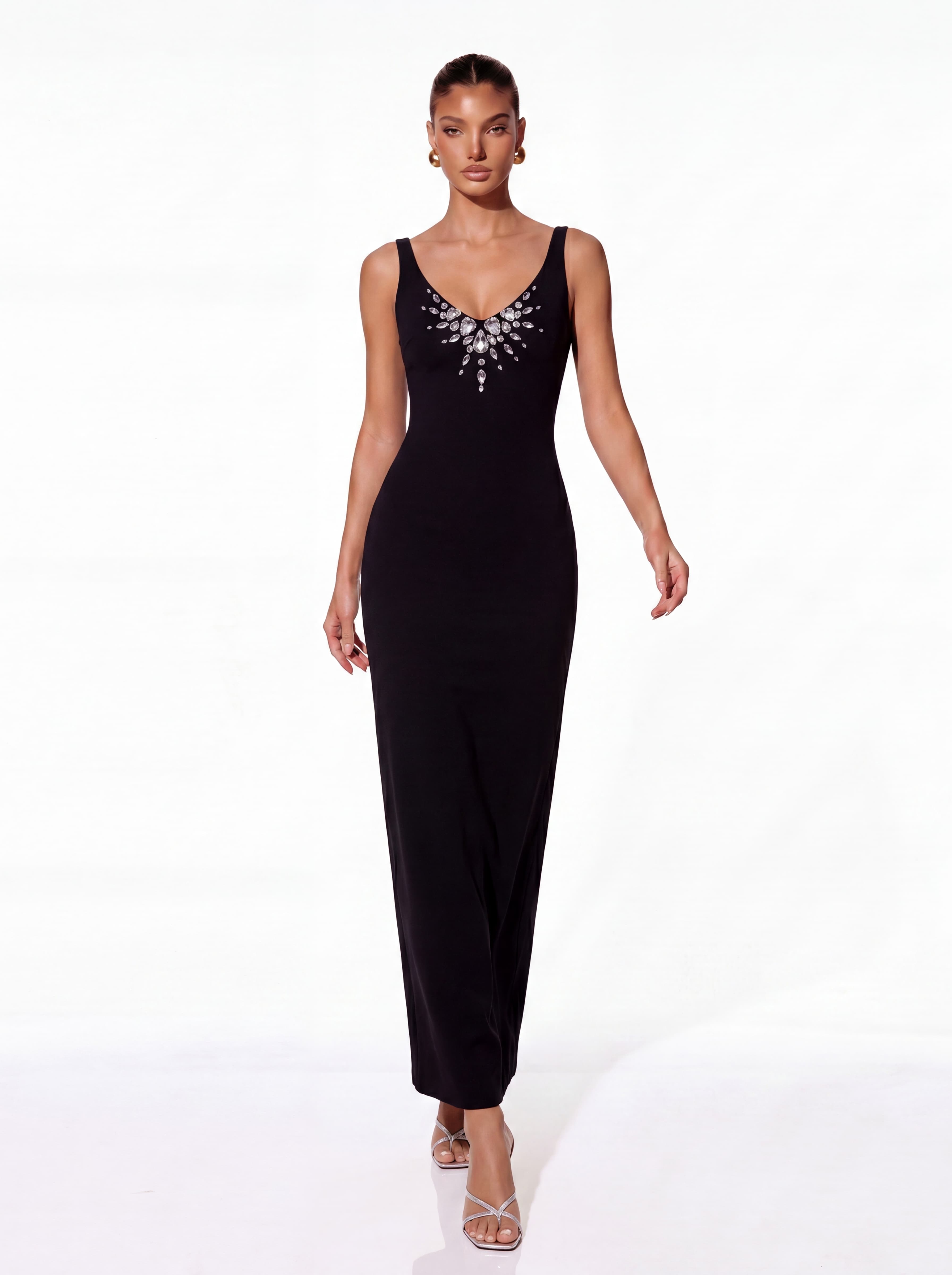 Yorinex V Neck Crystal Maxi Dress