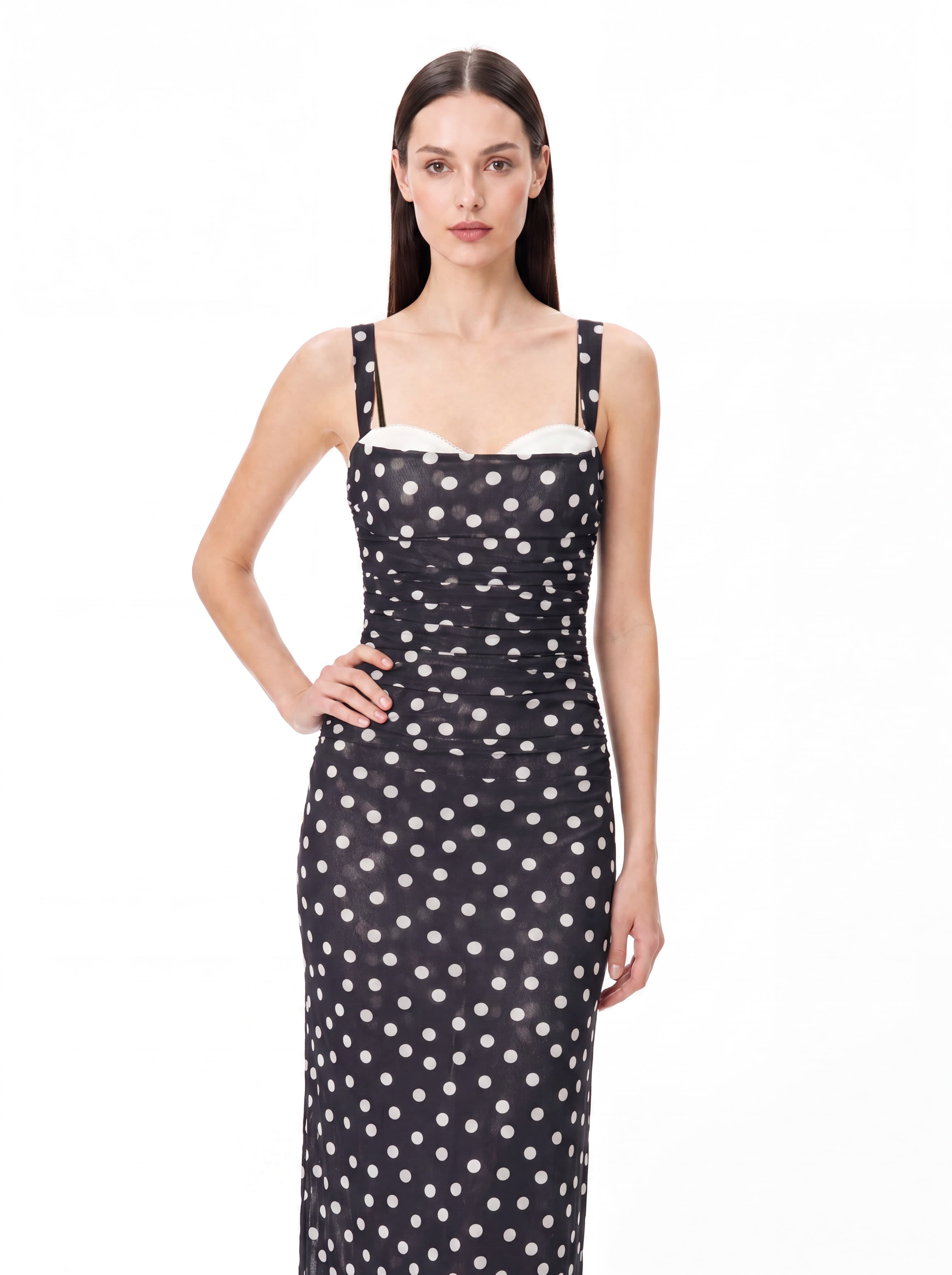 Zavian Dot Ruched Midi Dress