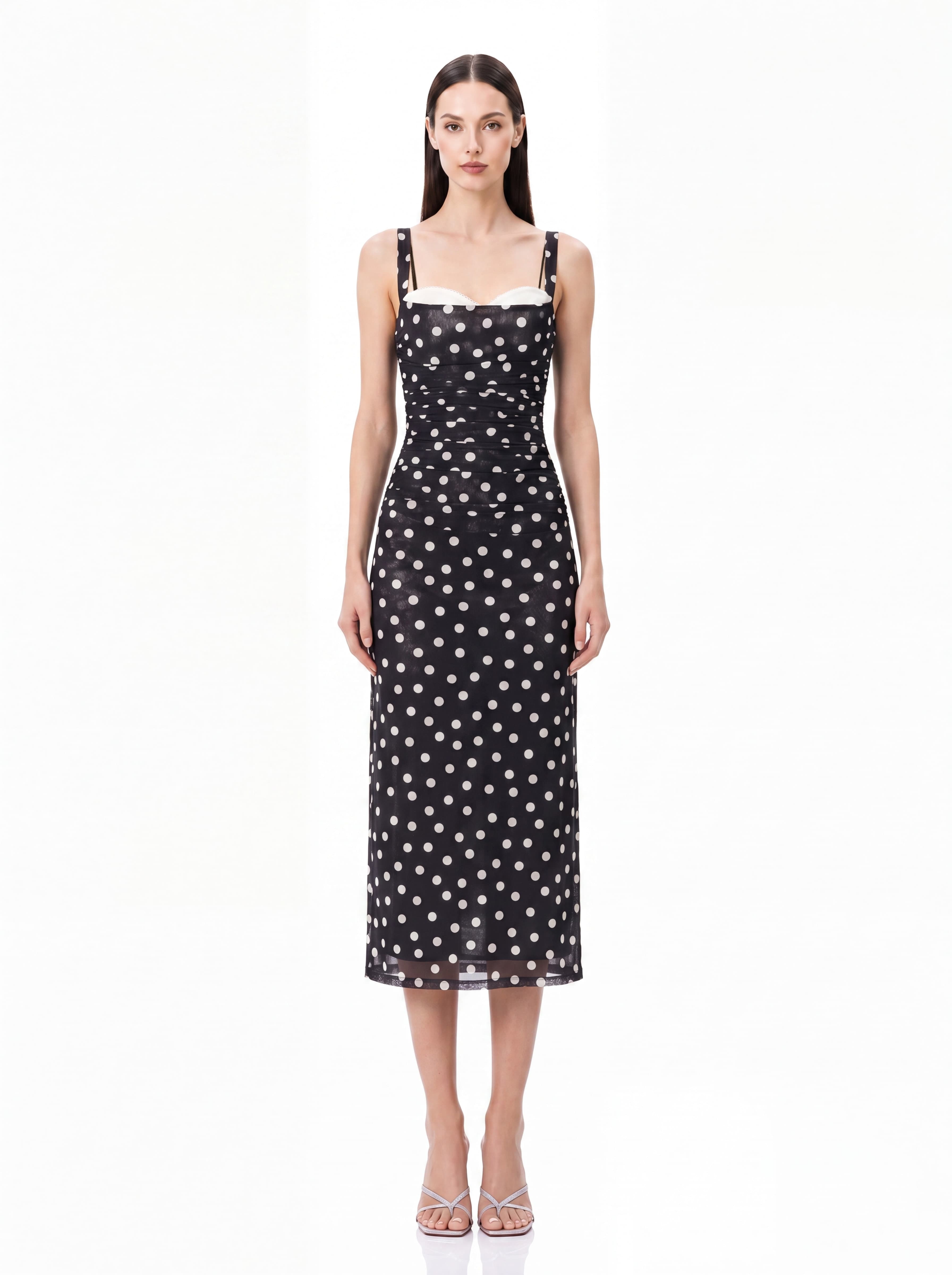 Zavian Dot Ruched Midi Dress
