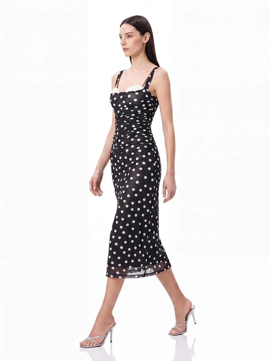 Zavian Dot Ruched Midi Dress