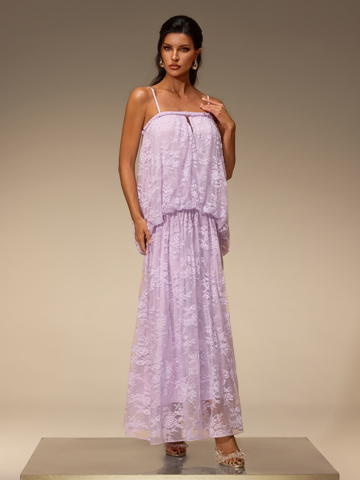 Zelvon Spaghetti Lace Maxi Dress