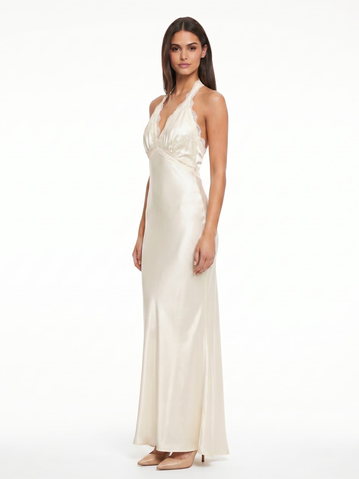 Zevron V Neck Satin Lace Maxi Dress
