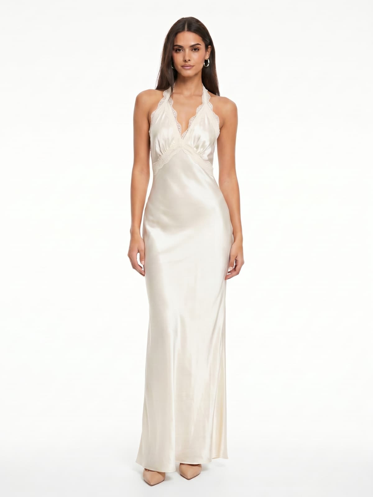 Zevron V Neck Satin Lace Maxi Dress