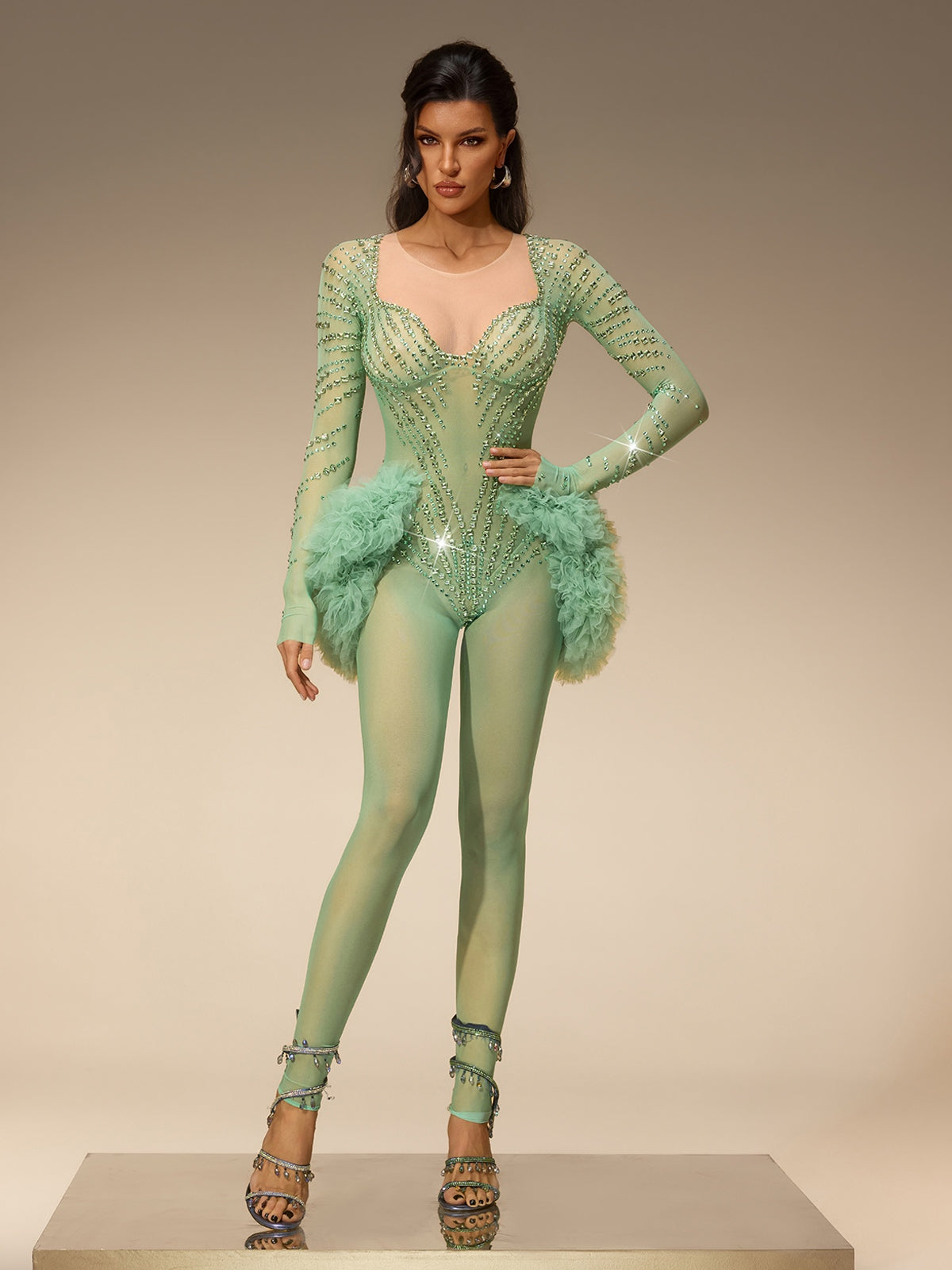 Zireth Long Sleeve Crystal Mesh Jumpsuit