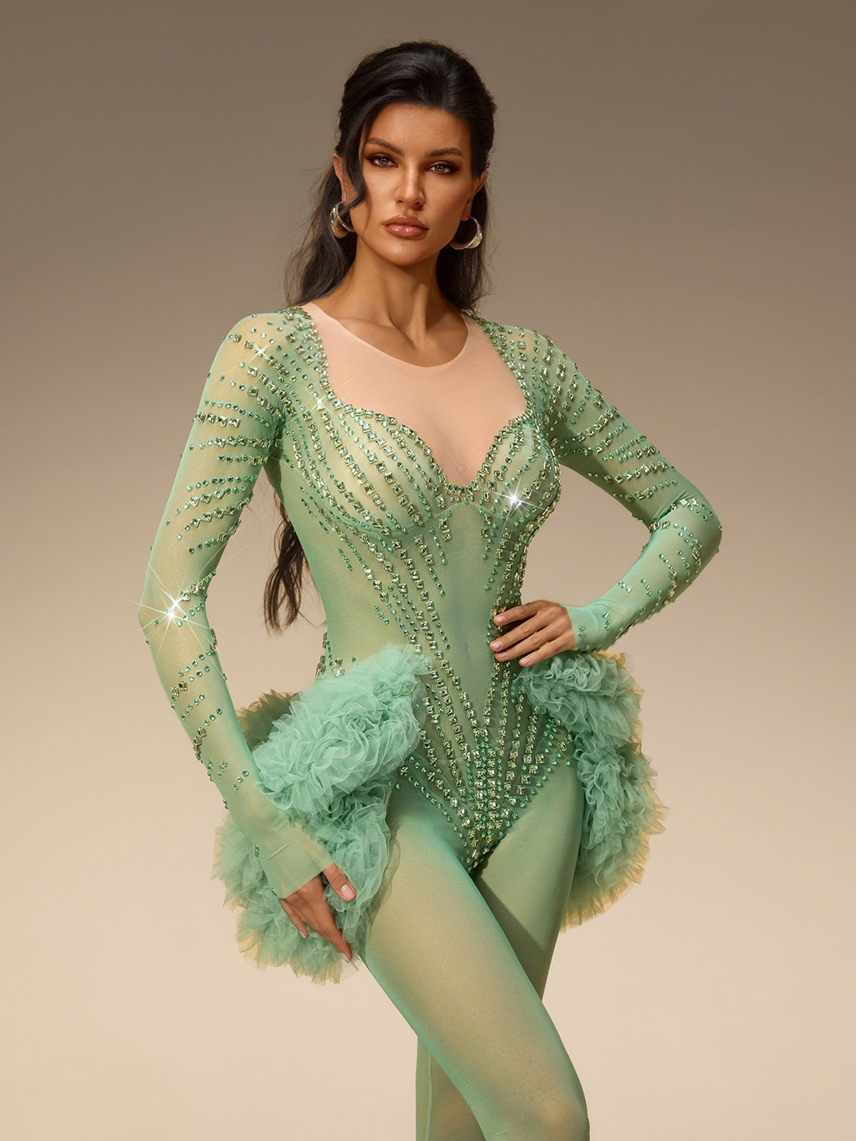 Zireth Long Sleeve Crystal Mesh Jumpsuit