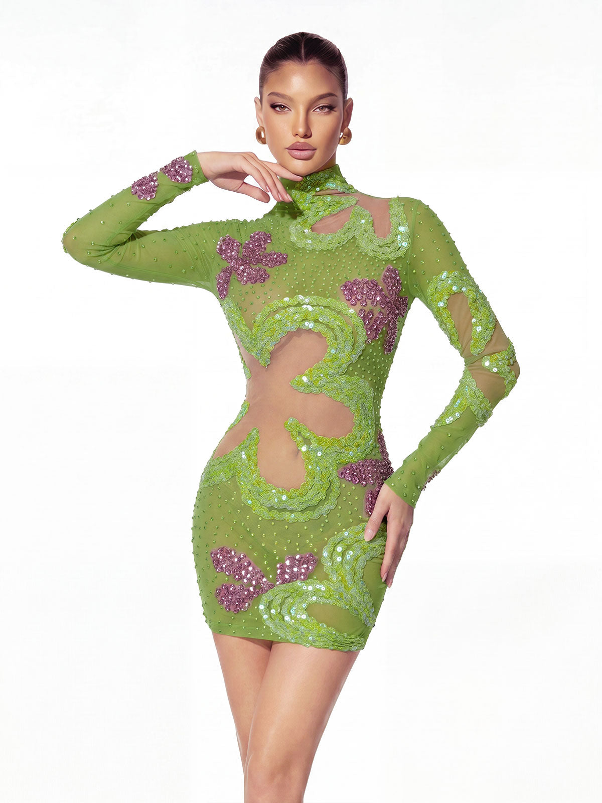 Zymera High Neck Rhinestone Sequin Mini Dress