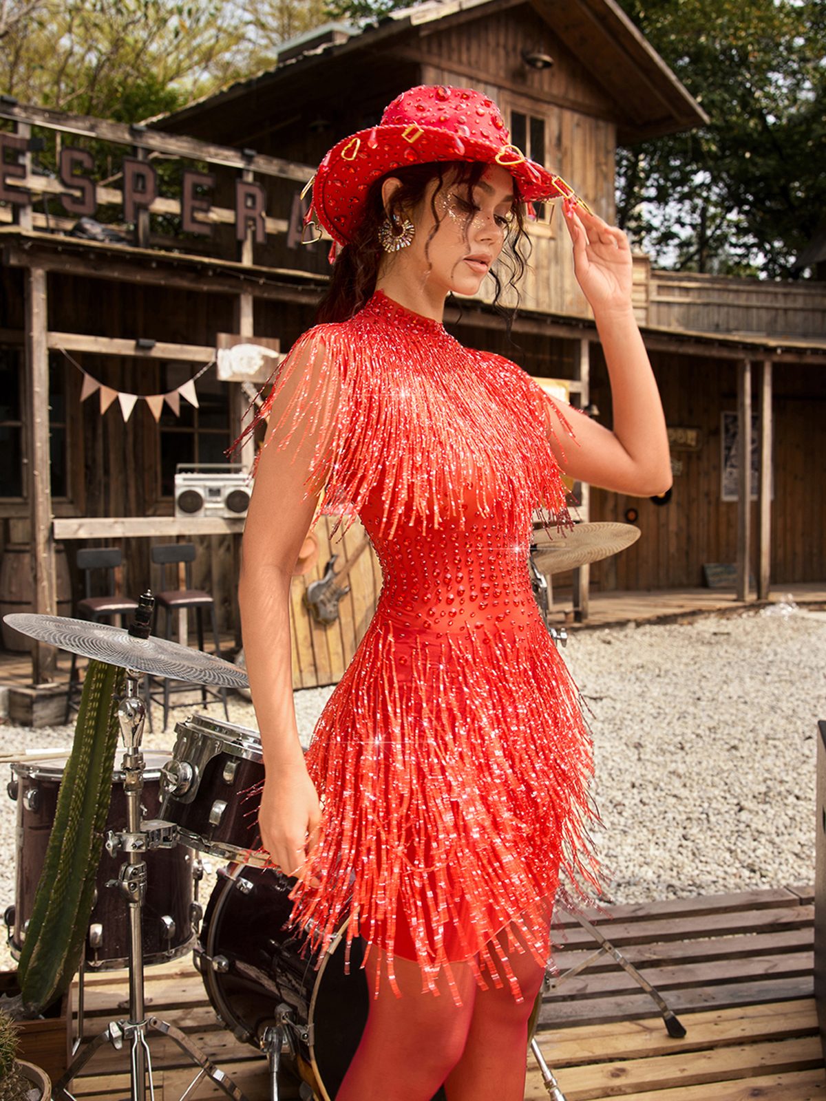 Acrune Fringe Rhinestone Glitter Mini Dress