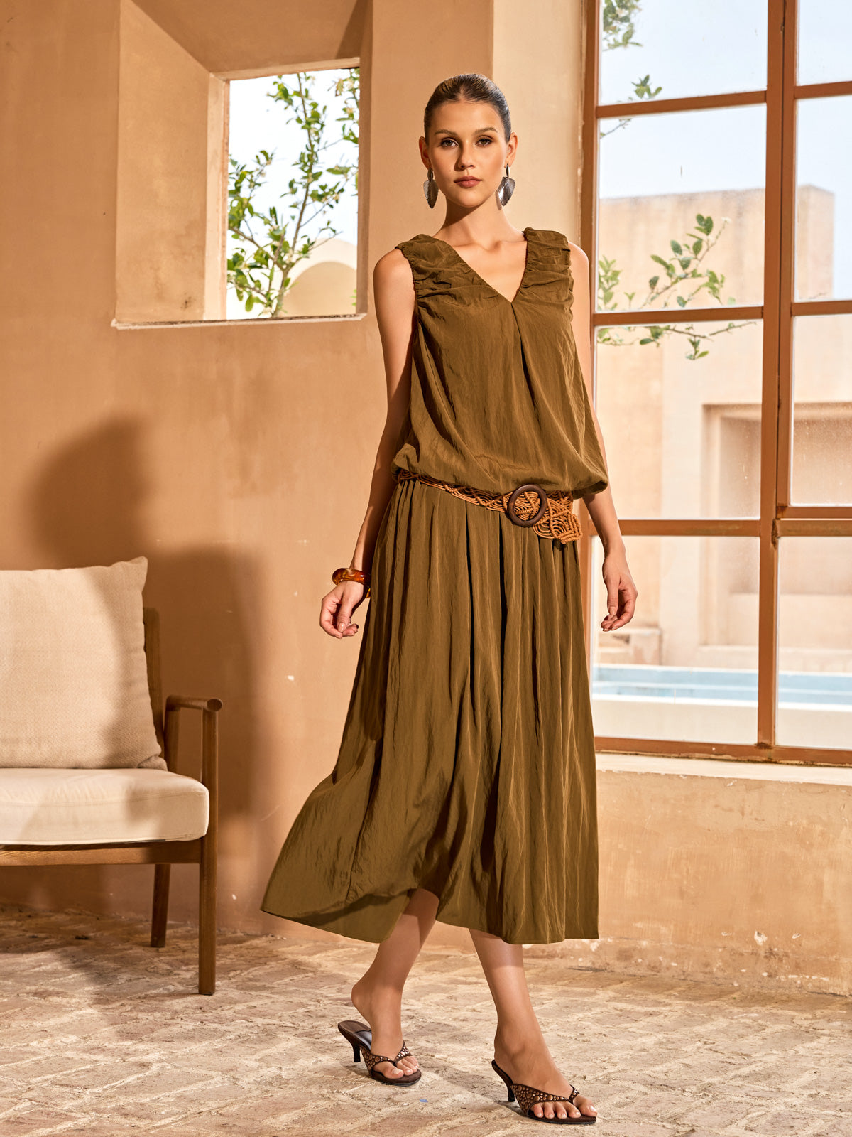 Aedro V Neck Midi Dress With Belt