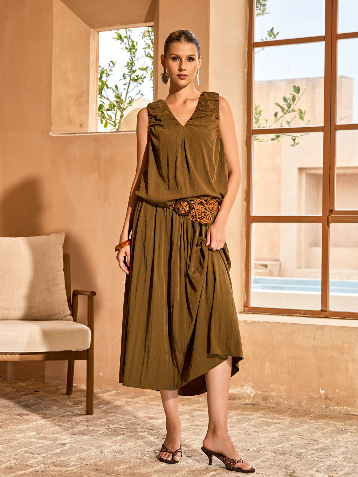 Aedro V Neck Midi Dress With Belt