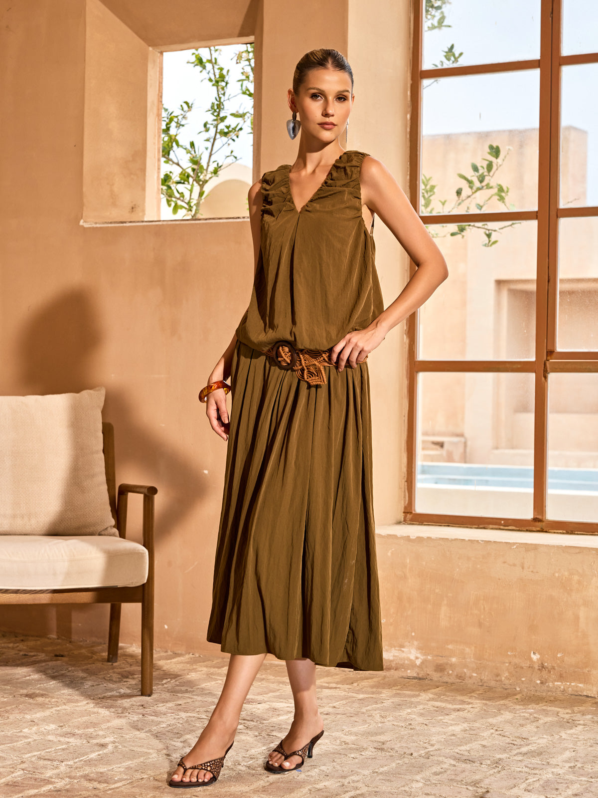 Aedro V Neck Midi Dress With Belt
