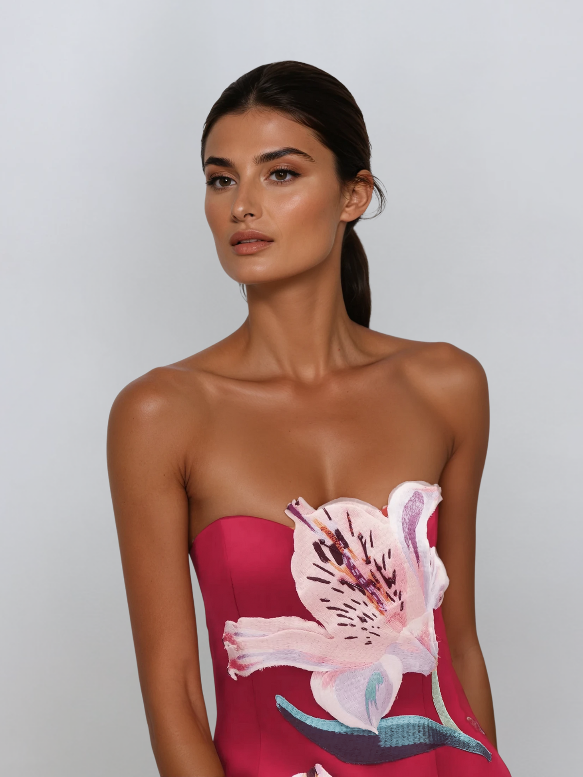 Aglaja Strapless Flower Mini Dress In Hot Pink