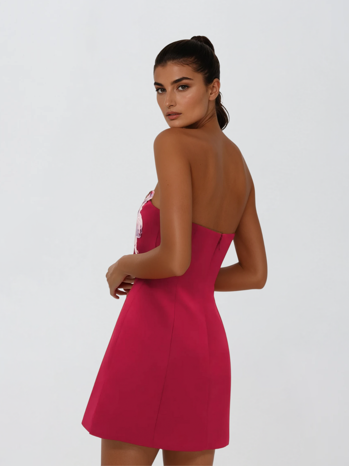 Aglaja Strapless Flower Mini Dress In Hot Pink