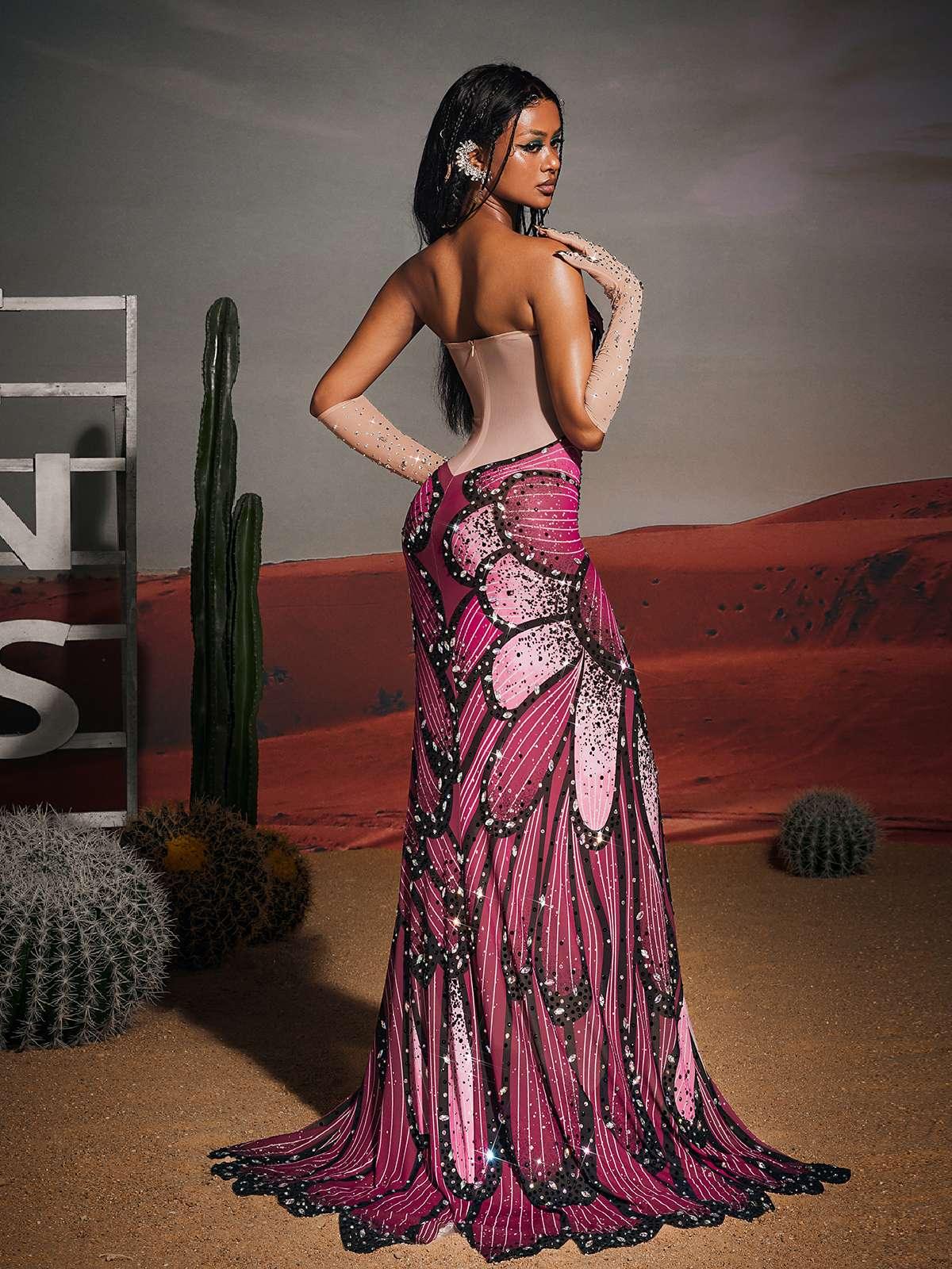 Aidan Butterfly Rhinestone Split Maxi Dress
