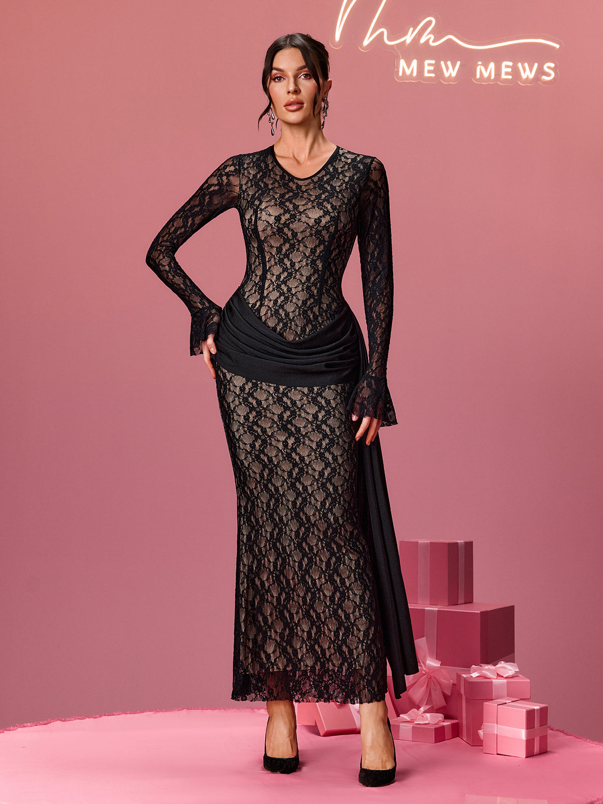 Alcides Flare Sleeve Lace Draped Maxi Dress