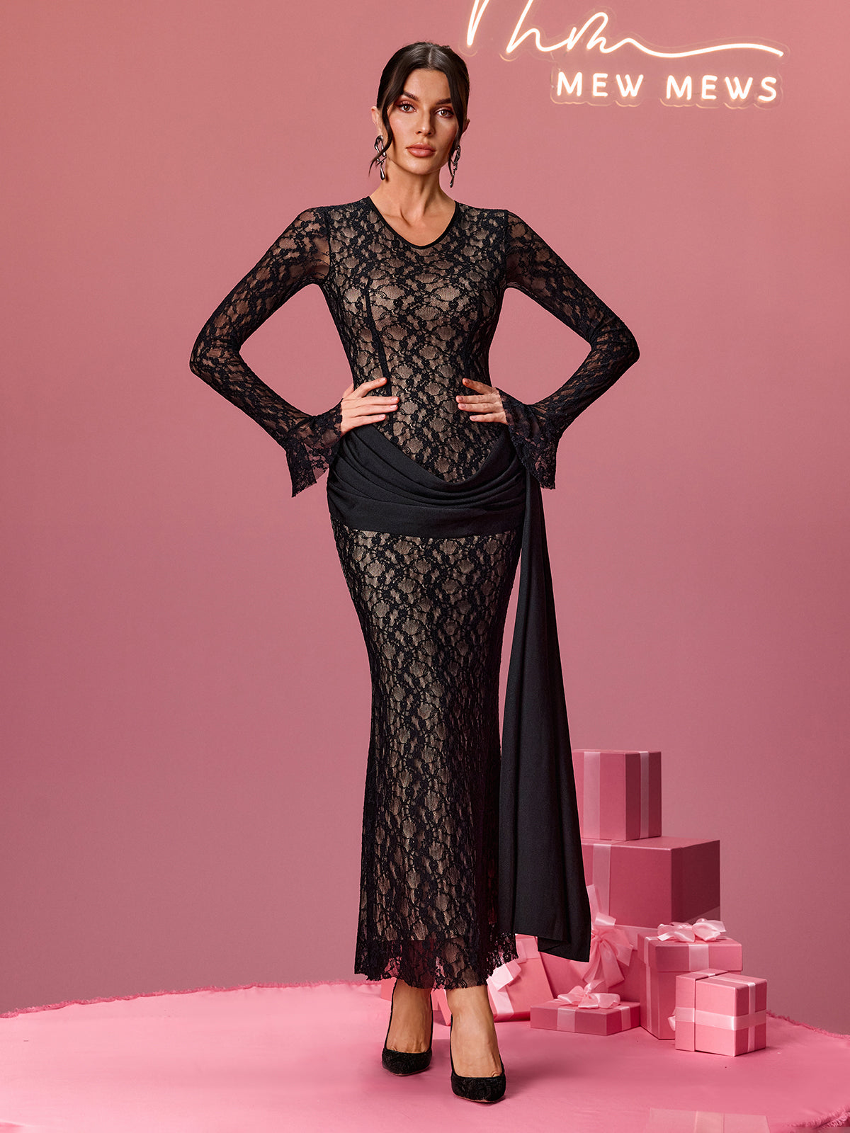 Alcides Flare Sleeve Lace Draped Maxi Dress