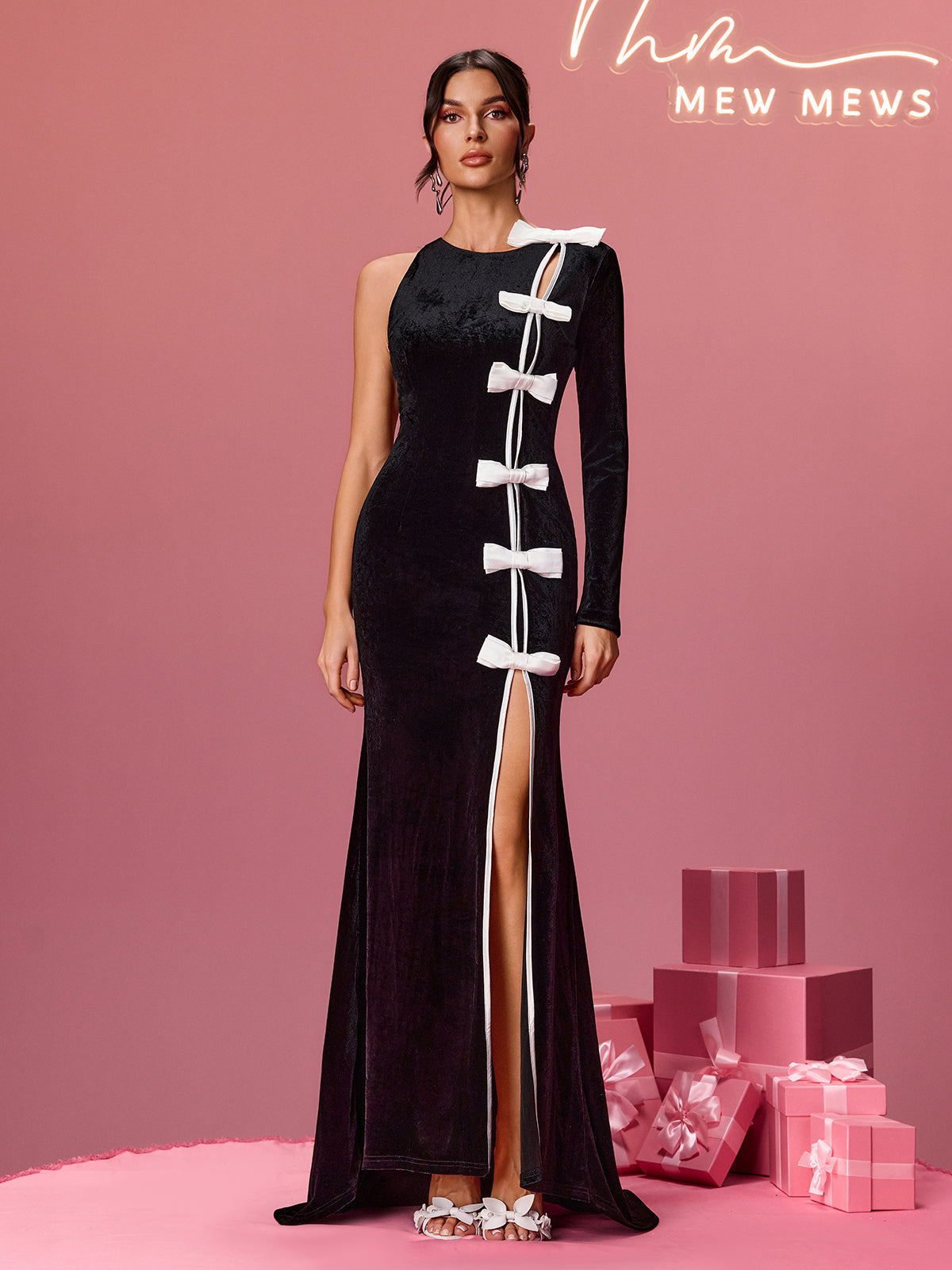 Aldith One Shoulder Bow Velvet Dress