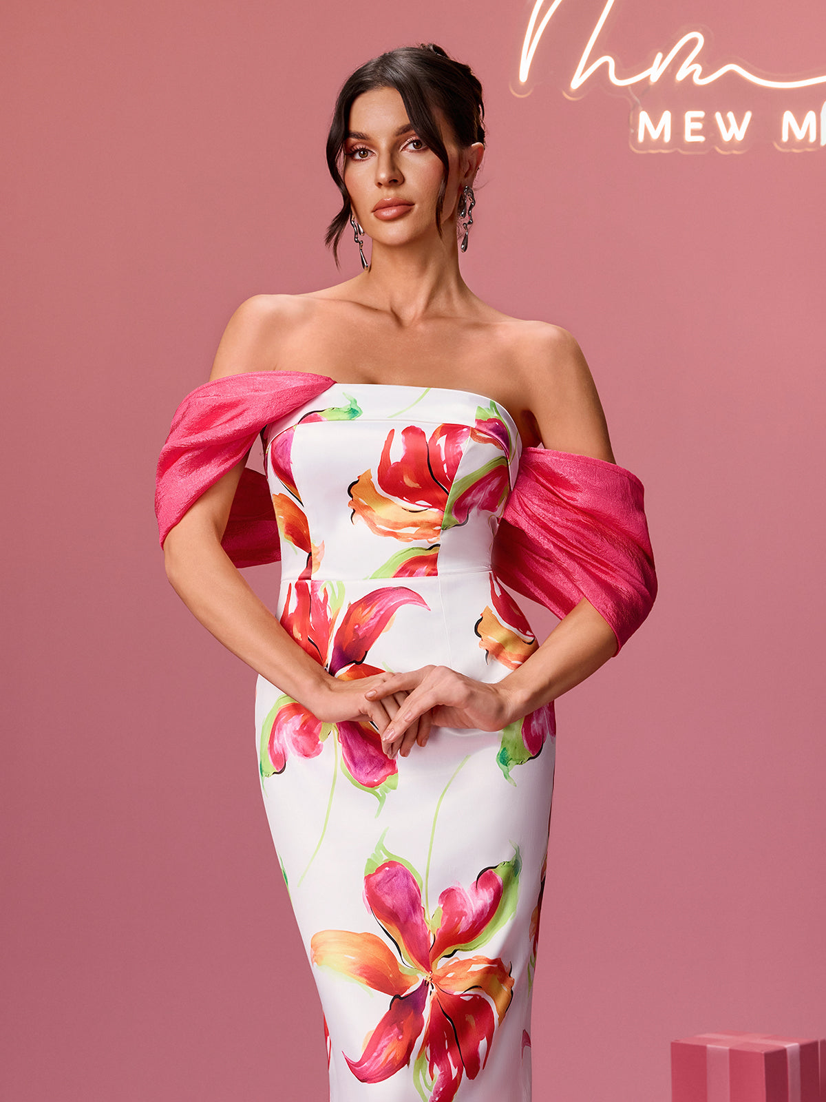 Aldrich Off Shoulder Floral Satin Midi Dress
