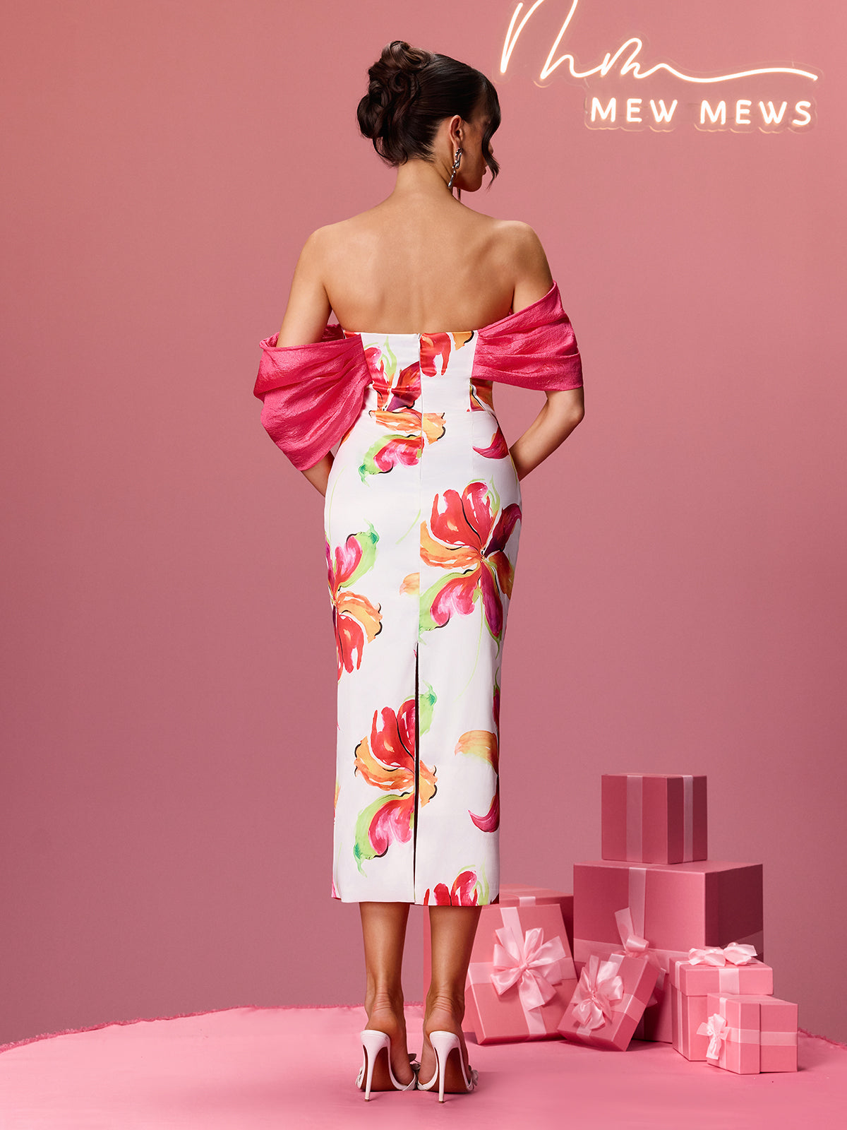 Aldrich Off Shoulder Floral Satin Midi Dress