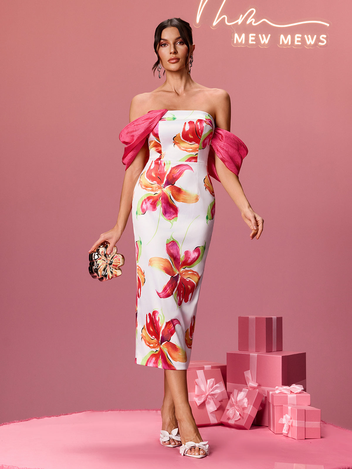 Aldrich Off Shoulder Floral Satin Midi Dress