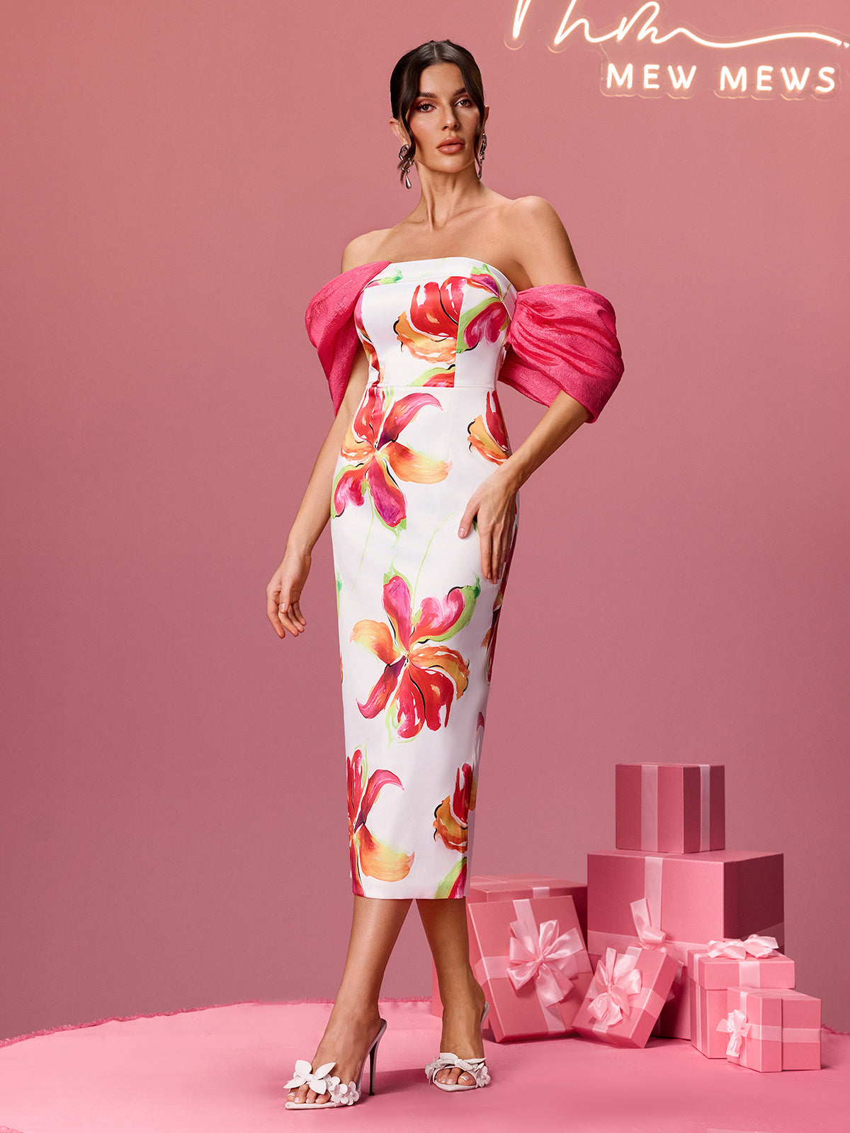 Aldrich Off Shoulder Floral Satin Midi Dress