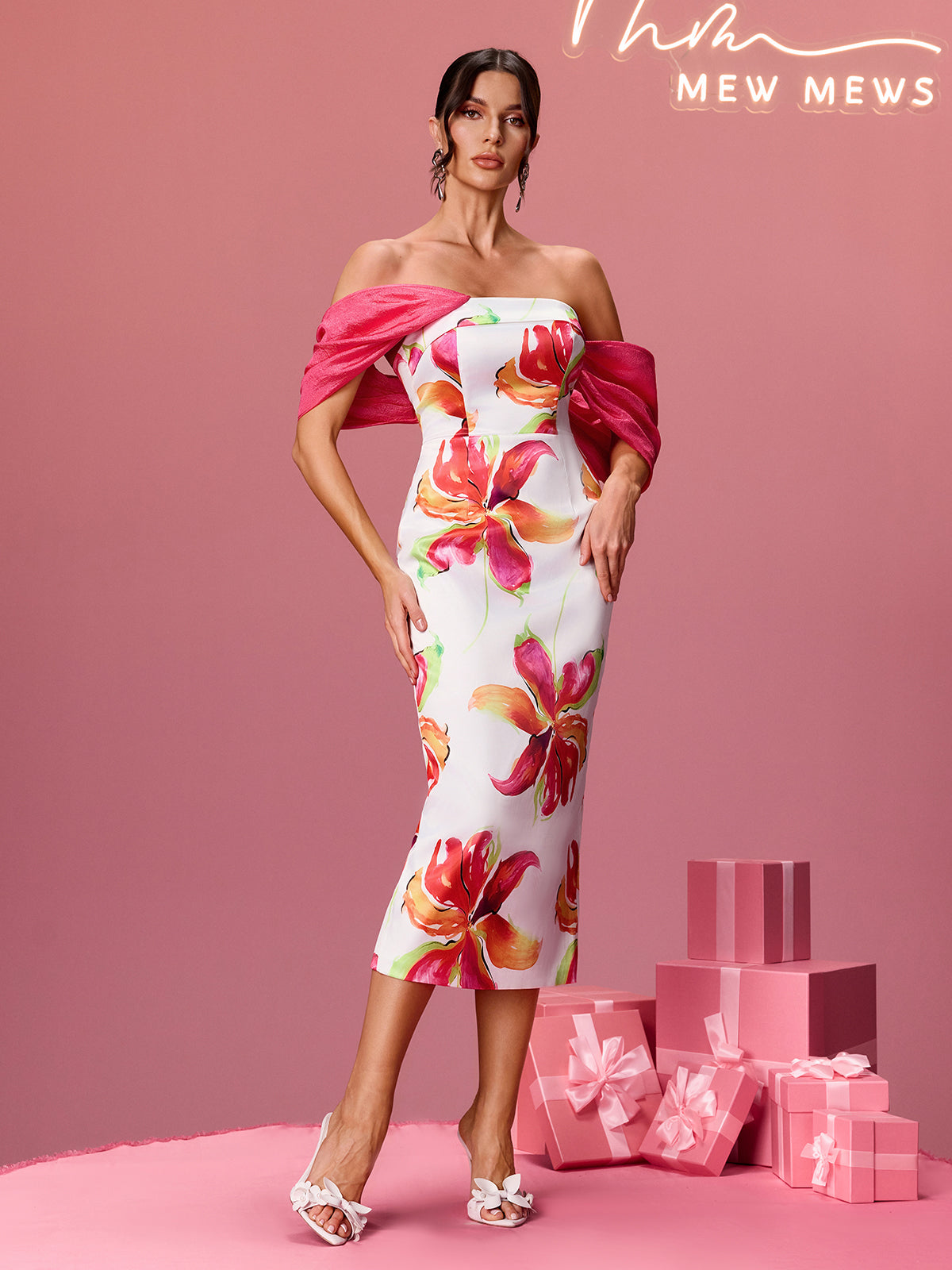 Aldrich Off Shoulder Floral Satin Midi Dress