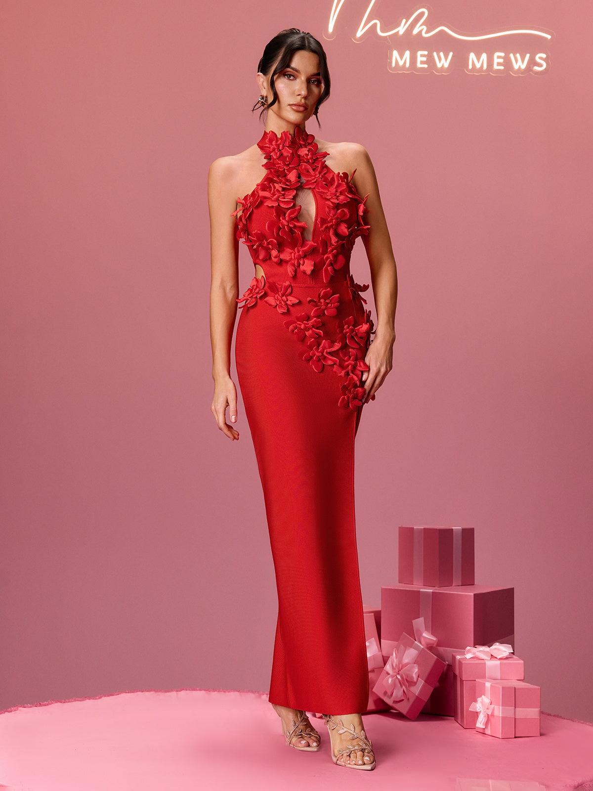 Alexei Halterneck Flower Bandage Dress In Red