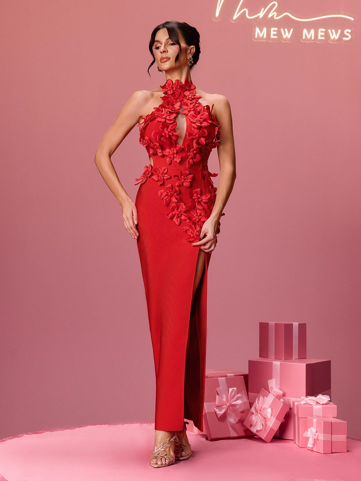 Alexei Halterneck Flower Bandage Dress In Red