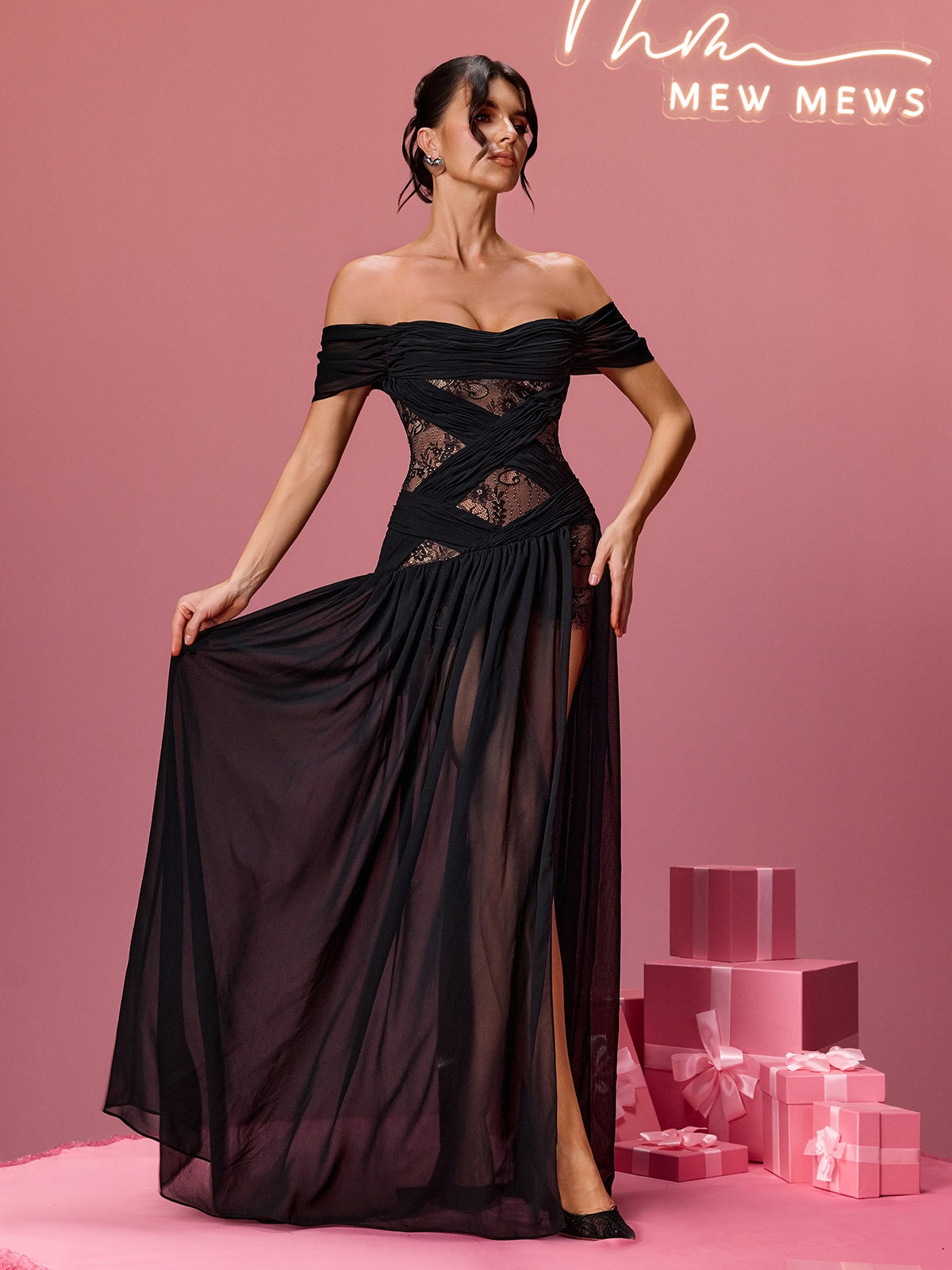 Alfhild Off Shoulder Lace Split Maxi Dress
