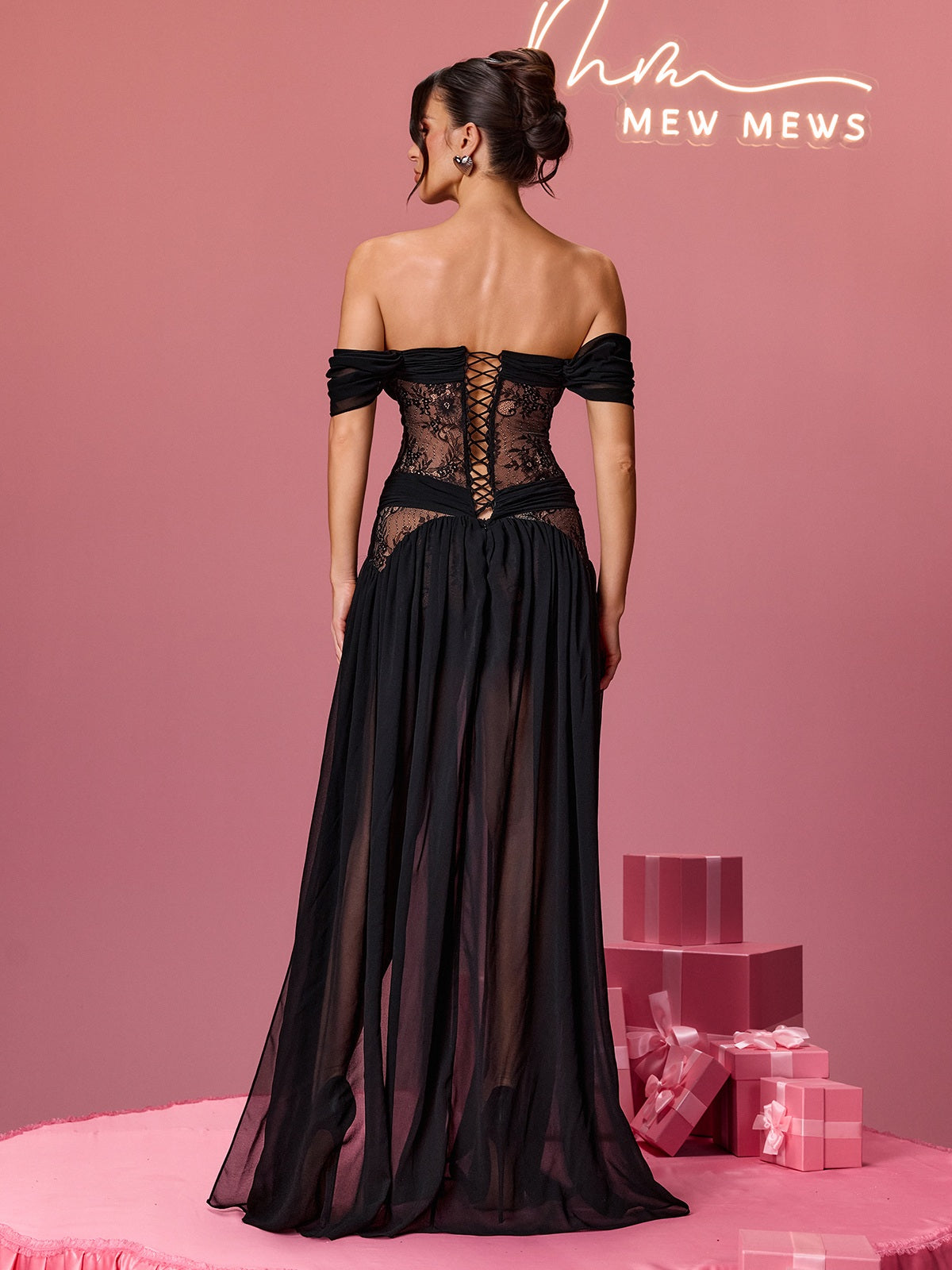 Alfhild Off Shoulder Lace Split Maxi Dress
