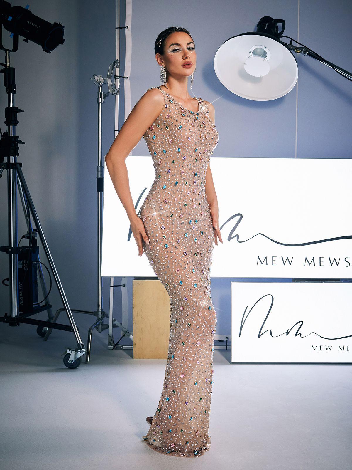 Alfredo Scoop Neck Rhinestone Maxi Dress