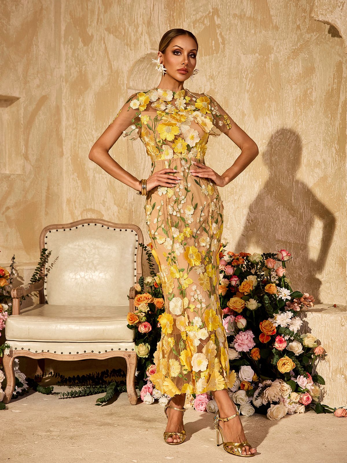 Alirio Embroidered Flower Midi Dress