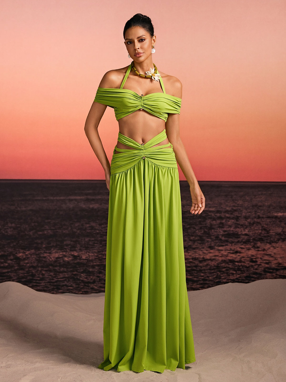 Alithon Off Shoulder Ruched Cutout Skirt Set