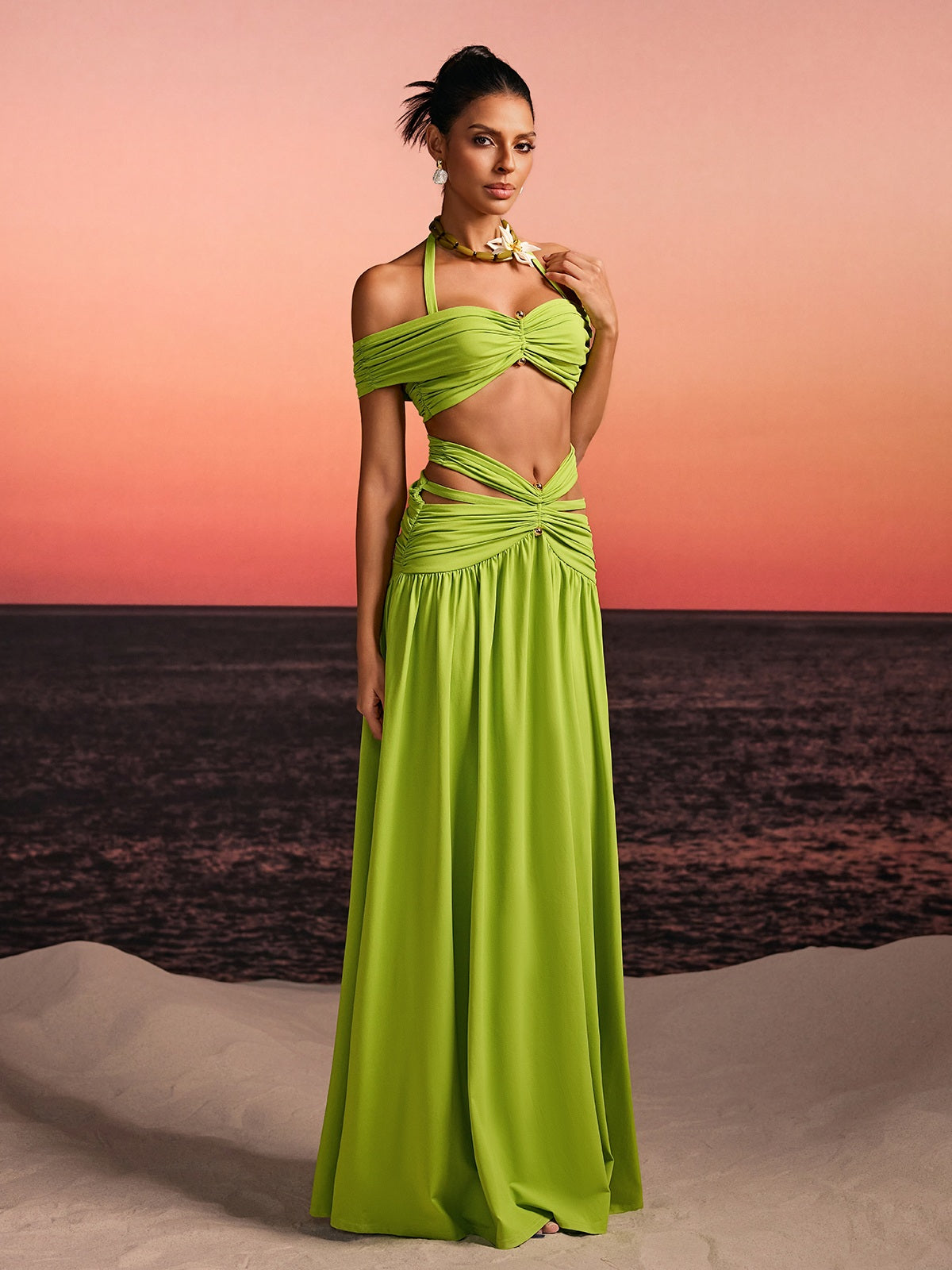 Alithon Off Shoulder Ruched Cutout Skirt Set