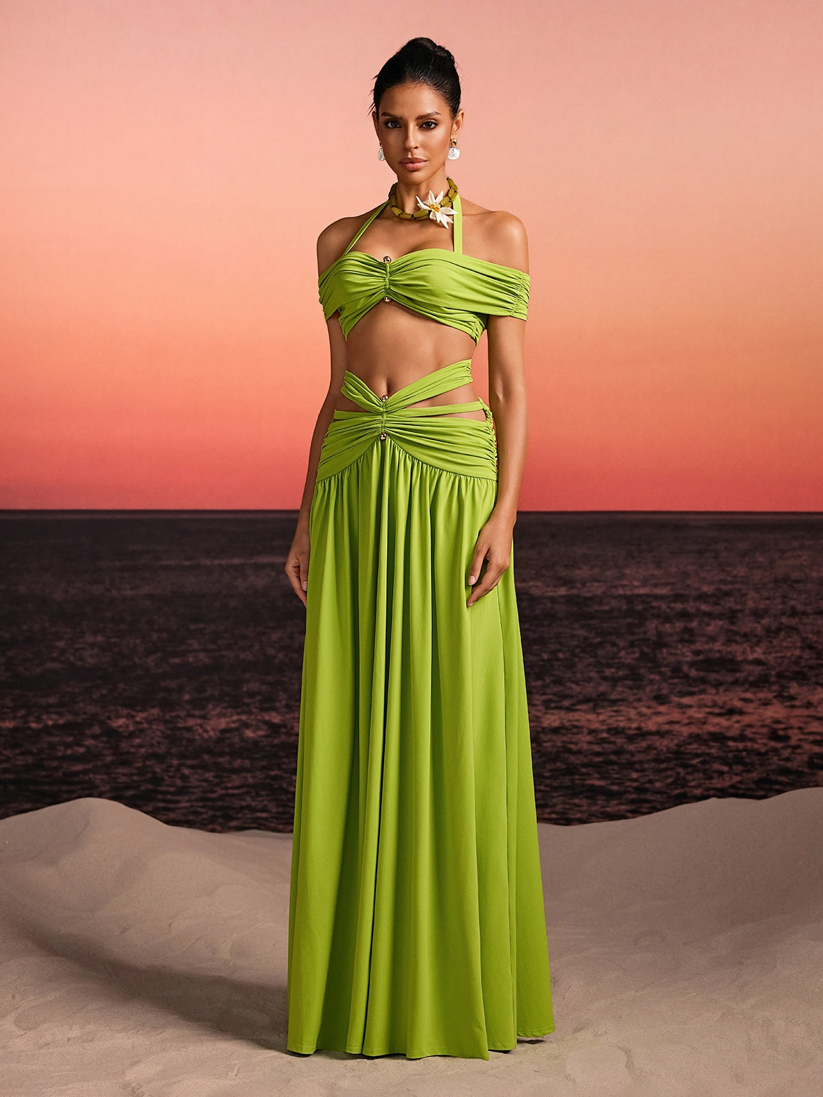 Alithon Off Shoulder Ruched Cutout Skirt Set
