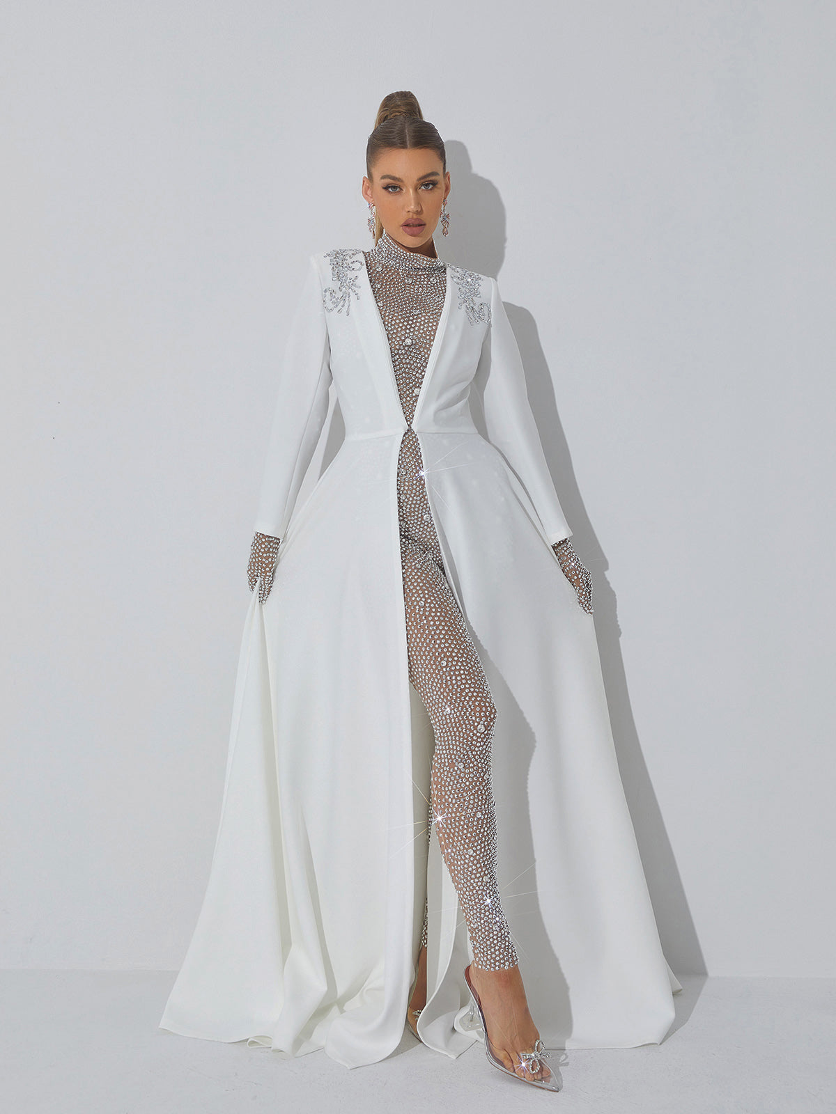 Ally Rhinestone Mesh Jumpsuit In Silver