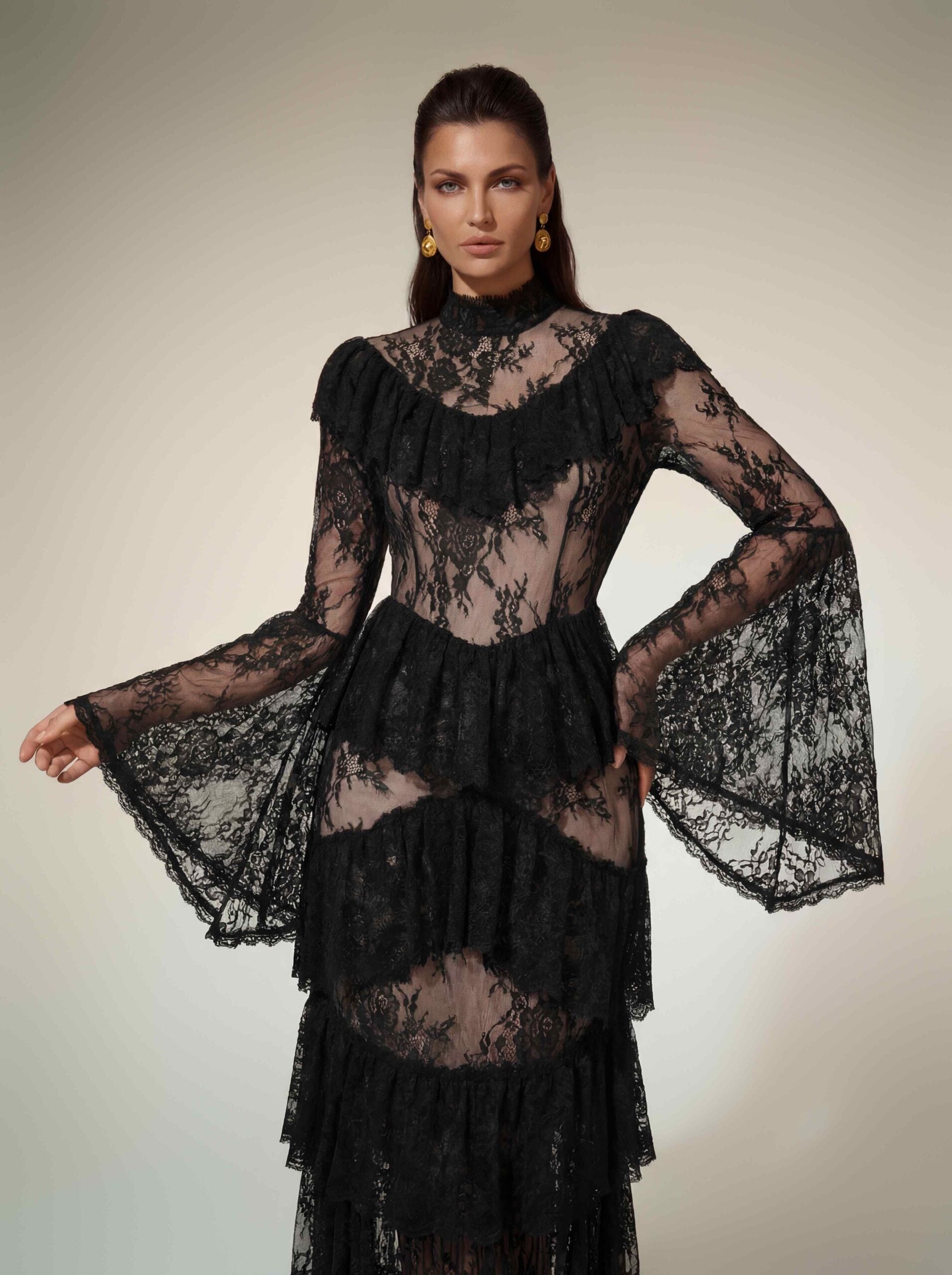 Aloysius Flare Sleeve Lace Ruffle Maxi Dress