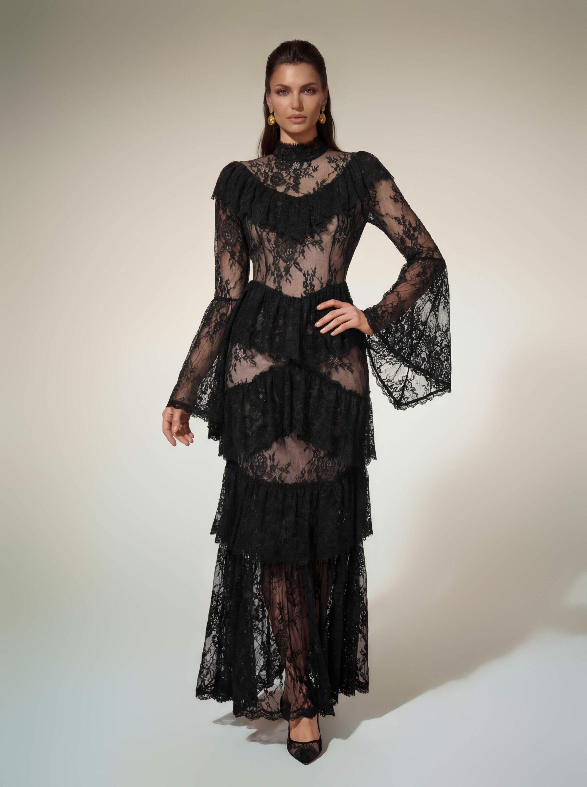 Aloysius Flare Sleeve Lace Ruffle Maxi Dress