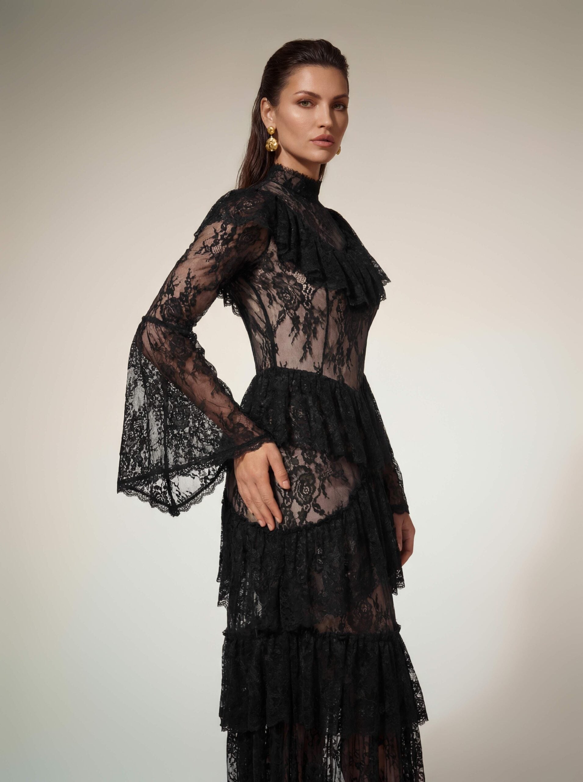 Aloysius Flare Sleeve Lace Ruffle Maxi Dress