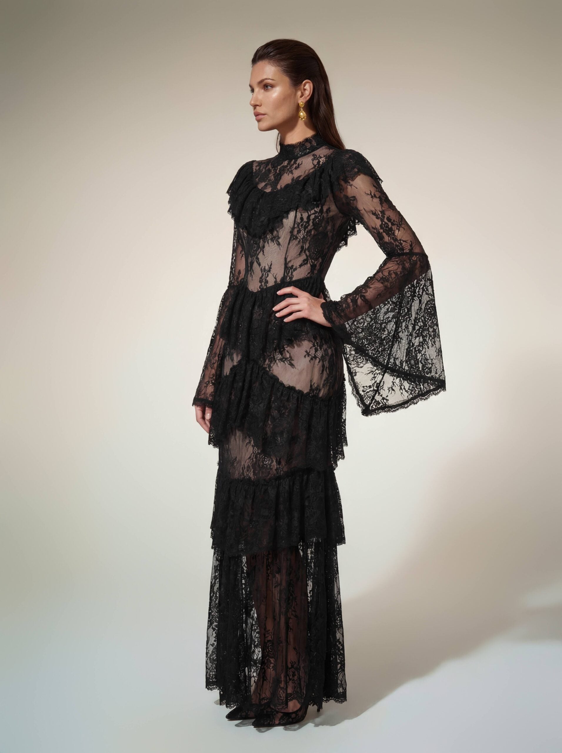 Aloysius Flare Sleeve Lace Ruffle Maxi Dress