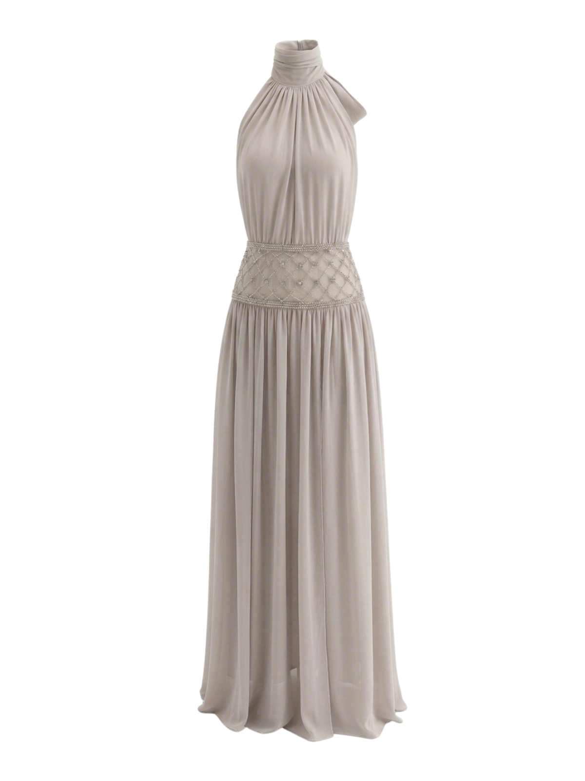 Altoir Halterneck Ruched Crystal Maxi Dress In Beige
