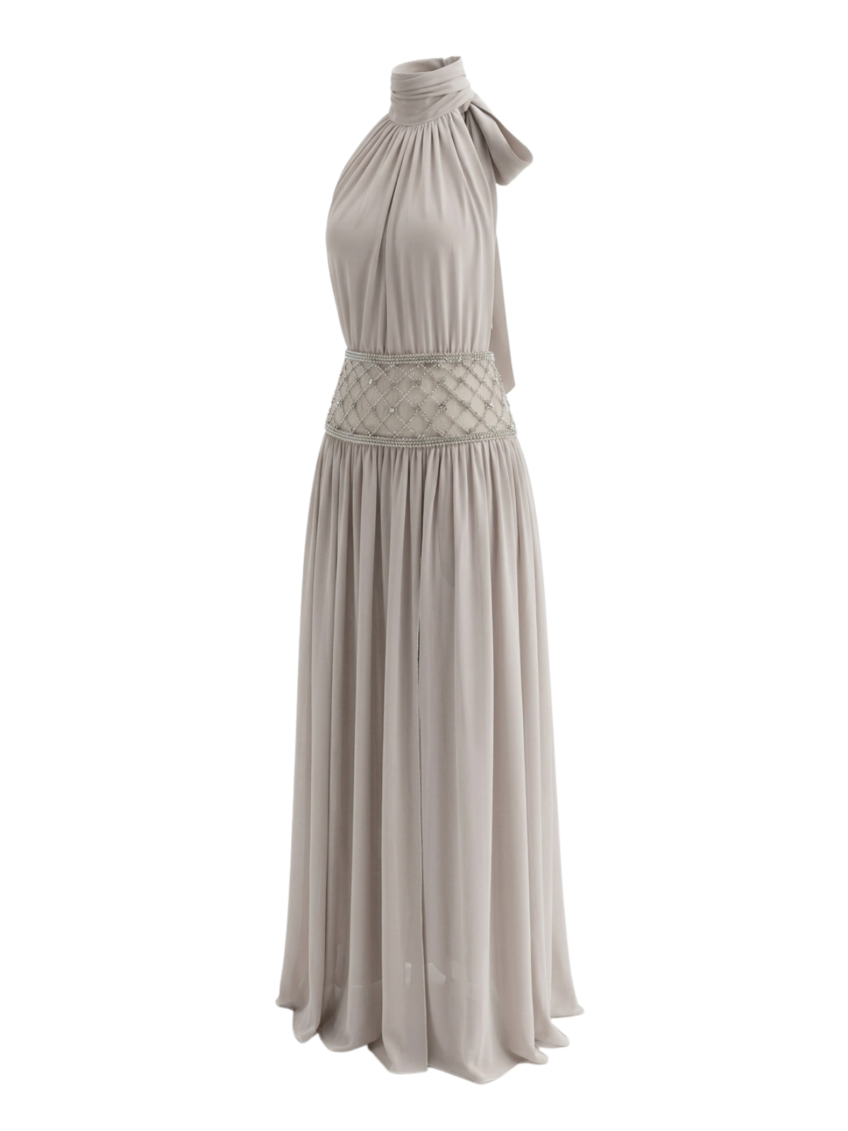 Altoir Halterneck Ruched Crystal Maxi Dress In Beige
